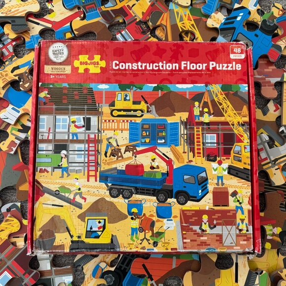 Toddler Puzzle - Wooden Floor Puzzle - 48 Pieces - Construction Site with Trucks - Picture 2 of 4